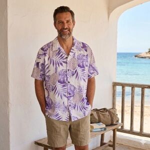 Purple and White Tropical Print Men's Shirt